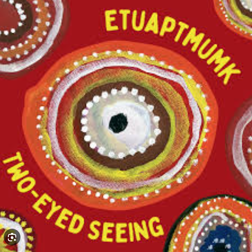 Etuaptmumk painting, red background with eyes, circles of various sizes.