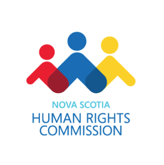 3 abstract people in red, blue, and yellow with words below 'Nova Scotia Human Rights Commission.'