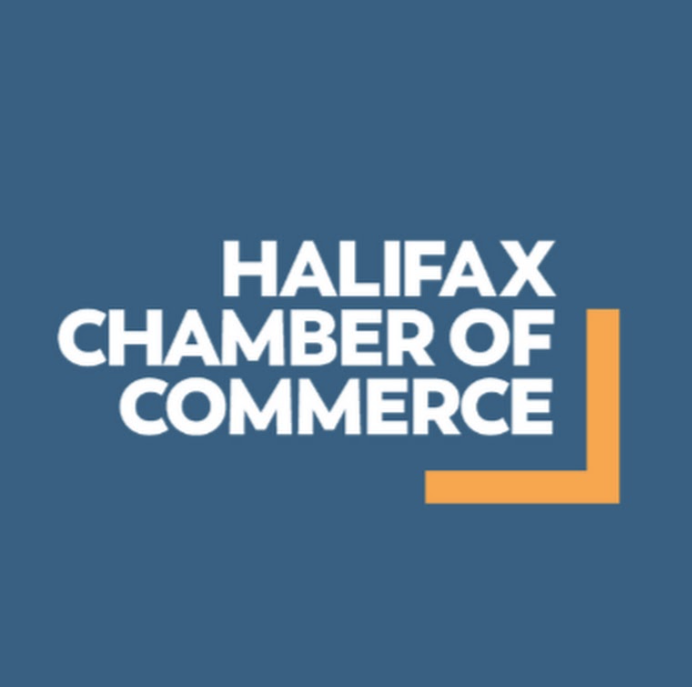Words 'Halifax Chamber of Commerce' on blue background with yellow corner bracket.