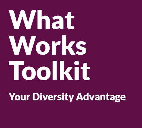 Words 'What Works Toolkit, your diversity advantage' on maroon background.