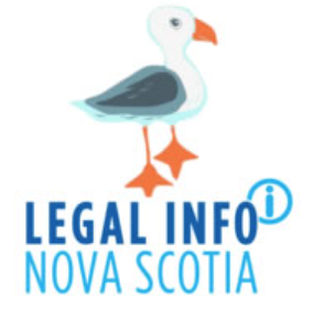 A seagull with orange feet and beak and words 'legal info nova scotia.'