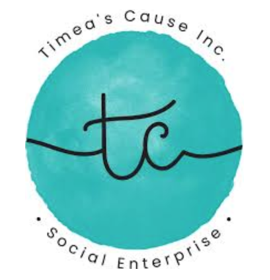 Turquoise circle with cursive writing, TC for Timea's Cause.