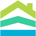 Canadian Shelter Transformation Network logo, green and blue rooves on white background